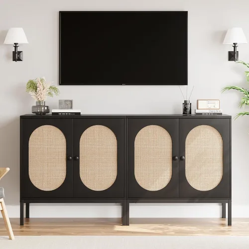 Vista 6 de IDEALHOUSE Gabinete de buffet, armario de almacenamiento de ratán con puertas y estantes, aparador de armario, armario de consola de madera