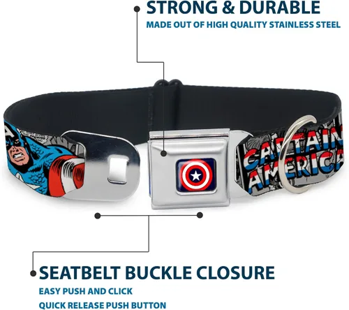 Vista 4 de Collar de perro con hebilla de cinturón de seguridad Capitán América 2 Poses Comic Blocks Grises Rojo Blanco Azul 9 a 15 pulgadas 1.0 pulgadas