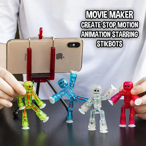 Vista 5 de StikBot Zing, juego de 8 figuras de acción coleccionables transparentes y trípode para teléfono celular, crea animación Stop Motion, ideal