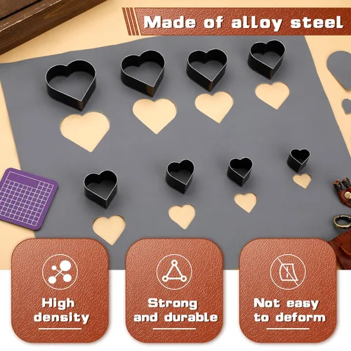 Vista 3 de Herramienta de corte de cuero, 8 piezas, suministros de punzón de cuero 8 Sizes High Carbon Steel Heart Leather Punch Tools, Sharp Hollow Die