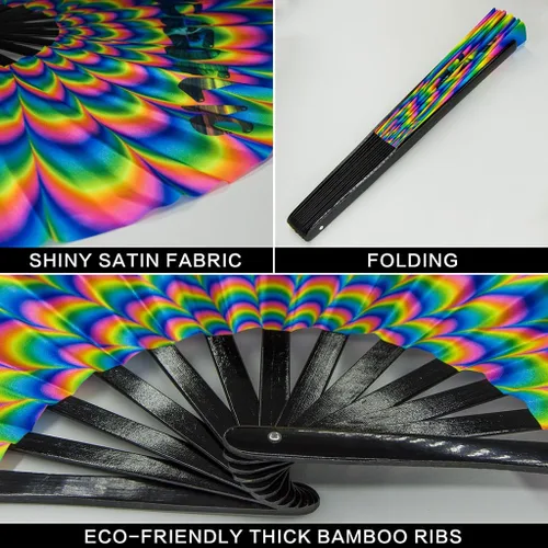 Vista 3 de Ravevibes Ventilador de mano plegable grande de 13 pulgadas, ventilador de bambú para festivales de bambú, ventiladores de Edm con brillo UV