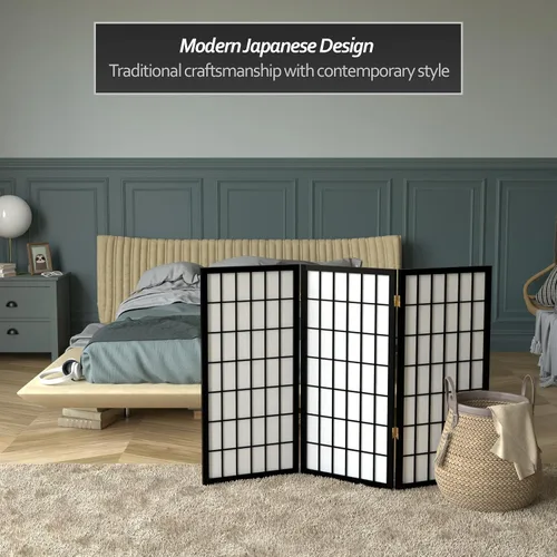 Vista 2 de Biombo portátil simple de 3 pies Biombo Shoji para dividir una cuarto, clásico diseño japonés, 4 tamaños y 6 colores, Madera, Negro