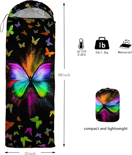 Vista 3 de HOSIMA Saco de dormir de mariposa para adultos y niños para campamento, saco de dormir ultraligero gótico negro para clima frío y verano.