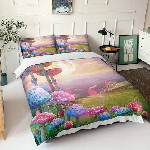 Vista 10 de Juego de funda de edredón psicodélico de fantasía con diseño de hongos psicodélicos, galaxia, verde cielo, morado, diseño de hongos estrellados, #1