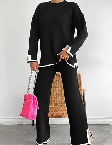 Vista 4 de Lviefent Conjunto de suéter de manga larga para mujer, suéter de punto, pantalones de pierna ancha, conjunto de 2 piezas para descansar