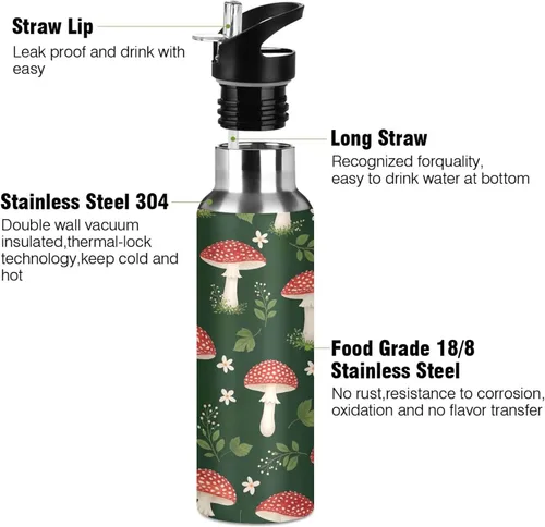 Vista 3 de Insulated Stainless Steel Water Bottle with Straw 32 Oz, BPA-Free Sport Water Bottle Insulated for Gym Outdoor Travel School, Cute Red Mushrooms