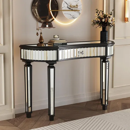 Vista 9 de Mesa de consola con espejo de 48 pulgadas, mesa de entrada moderna de plata glamorosa con borde tallado negro vintage con espejo de vidrio para sala