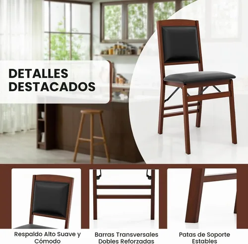 Vista 7 de GIANTEX - Juego de 2 sillas de comedor plegables de madera con asiento acolchado, marco de madera maciza, carga máxima de 400 libras, sin montaje