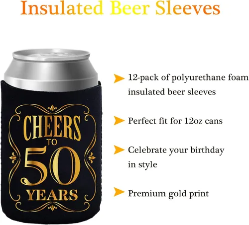 Vista 3 de JOELELI Decoraciones para fiestas de cumpleaños número 50, fundas de neopreno para latas de cerveza, decoraciones de 50 aniversario y regalo