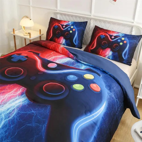 Vista 3 de Meeting Story Juego de ropa de cama con estampado de consola de videojuegos rojo y azul para niños, consola de juegos, botones de acción, colorido