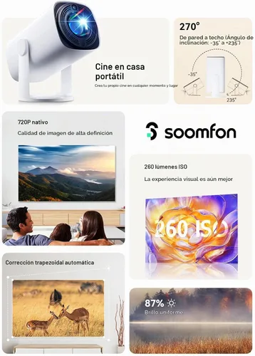 Vista 2 de SOOMFON Mini proyector 1080P Soporte – Proyector portátil de película de video pequeño Bluetooth 5.1 Auto Keystone enfoque eléctrico