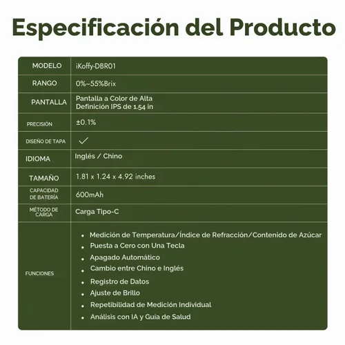 Vista 9 de Refractómetro digital Brix AI con ATC, sincronización de aplicaciones y análisis de IA, rango de 0-55%, precisión de ±0.1%, impermeable