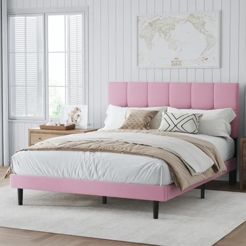 Vista 3 de Base de cama de plataforma de terciopelo tamaño Queen con cabecera tapizada y soporte de listones resistentes, diseño capitoné, no requiere somier