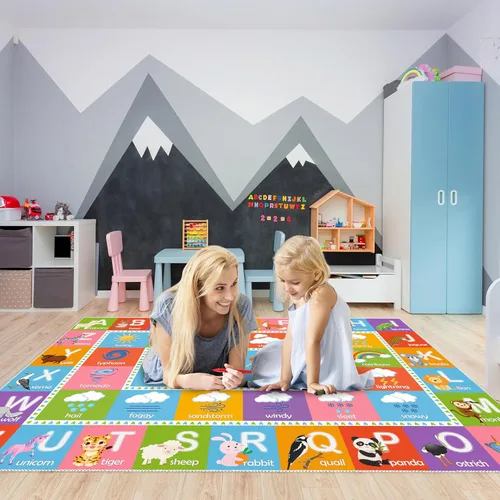 Vista 4 de ABC - Alfombra del alfabeto con animales, clima y estaciones, divertida alfombra de aprendizaje educativa para dormitorio de niños, guardería