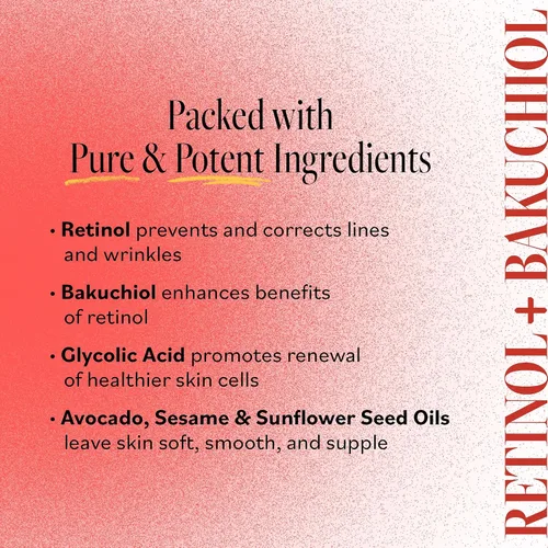 Vista 4 de DERMA E Suero facial, suero de retinol regenerativo antienvejecimiento para cara, 1 onza líquida, vitamina A, bakuchiol, ácido glicólico, extracto