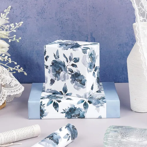 Vista 4 de RUSPEPA Papel de regalo reversible floral para niñas y mujeres, mini rollo, acuarela azul floral y azul sólido papel de regalo para cumpleaños