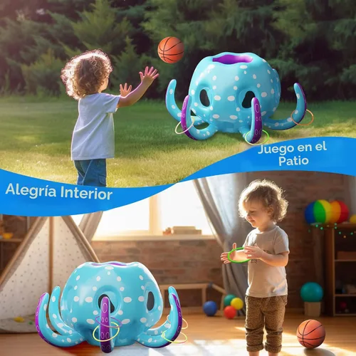 Vista 4 de iPlay, iLearn Juguetes de piscina de pulpo para niños, juego inflable 2 en 1 para piscina, juego de aro de baloncesto y lanzamiento de anillo, juego