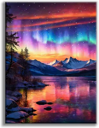 Vista 23 de Kits de pintura de diamantes de cielo estrellado Offito para adultos, kits de pintura de diamantes 5D Aurora Lake para principiantes, fantásticos