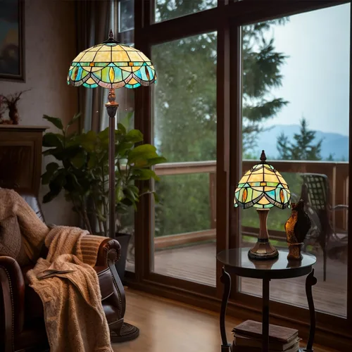 Vista 6 de Tiffany - Lámpara de mesa pequeña con vitrales, luz de mesa de estilo antiguo, lámpara de noche vintage para sala de estar, dormitorio, mesita