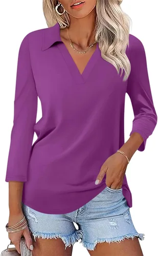 Vista 11 de TICTICMISS - Camisas polo de cuello en V para mujer, manga 3/4, con cuello, tops casuales de negocios, tops de verano a la moda, holgados