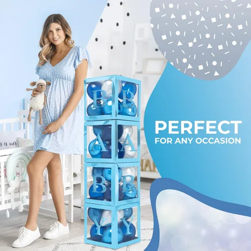 Vista 8 de Cajas de baby shower con letras - Cajas azules metálicas con globos metálicos azules y plateados - Juego de 44 piezas para revelación de género