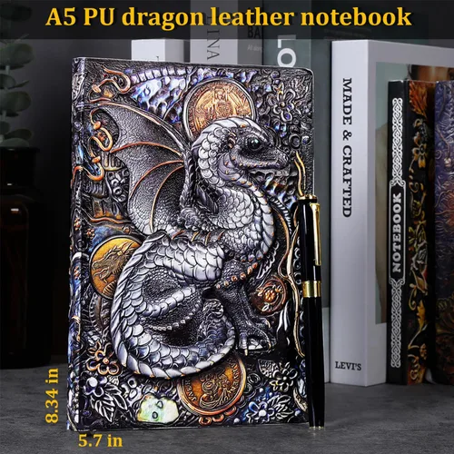 Vista 6 de FEIDIAO Cuaderno vintage de cuero en relieve Flying Dragon DND, diario de viaje A5 diario con bolígrafo y funda para bolígrafo, diario de piel