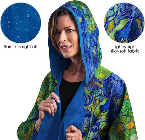 Vista 3 de RainCaper Capa de lluvia para mujer, poncho impermeable con capucha, reversible, arte fino
