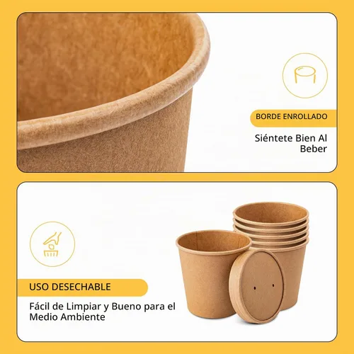 Vista 5 de PakTalk Cuencos de Papel para Sopa con Tapas, Tazas Desechables para Helado de Papel Kraft, Cuencos para Sopa de 26 oz, Contenedores para Llevar