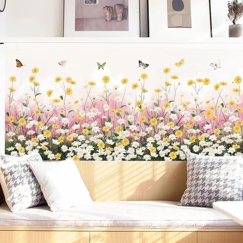 Vista 2 de Calcomanías de pared de flores de margarita, calcomanías de pared extraíbles de mariposa para despegar y pegar, calcomanías de pared florales