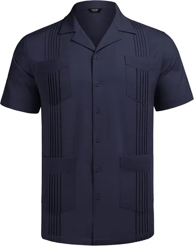 Vista 4 de COOFANDY Camisa cubana para hombre de lino casual Guayabera camisa de verano con botones