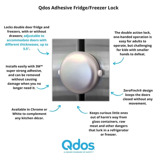 Vista 2 de Qdos Safety Cerradura adhesiva para nevera/congelador Cromo Fácil operación con una sola mano - Diseño patentado ZeroPinch - Cerradura