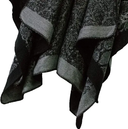 Vista 6 de Chal estilo poncho de frente abierta con patrón vintage para mujer, abrigo de invierno Serie 15-negro