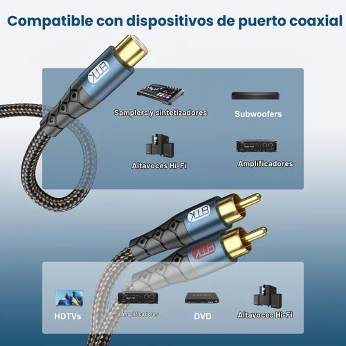 Vista 3 de EMK Cable de extensión RCA Splitter 2 macho a hembra, doble blindaje chapado en oro, de nailon trenzado, divisor RCA de 1 hembra a 2 macho