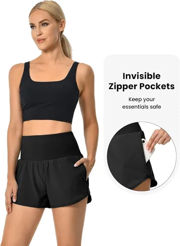 Vista 5 de GYM RAINBOW Pantalones cortos deportivos de cintura alta para mujer con bolsillos con cremallera de secado rápido pantalones cortos de entrenamiento