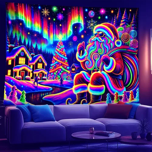 Vista 10 de NYZE - Tapiz de Navidad con Papá Noel, tapiz de luz negra que brilla en la oscuridad, colgante de pared, banner festivo, decoración para fiesta