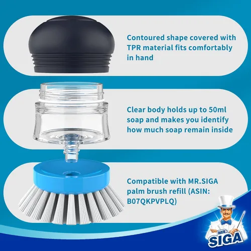 Vista 6 de MR.SIGA Cepillo dispensador de jabón, cepillo de cocina para limpiar platos, ollas, sartenes, fregaderos, paquete de 1, azul marino y azul