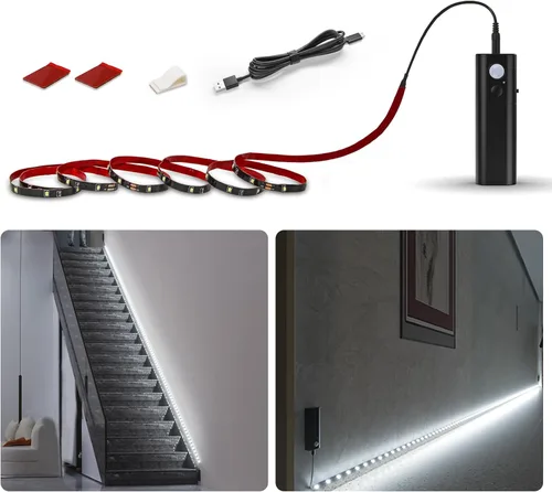 Vista 16 de WOBANE Tira de luz recargable con sensor de movimiento, luces LED para armario, escalera, despensa, armario, cama, casillero, 2700 K, blanco cálido