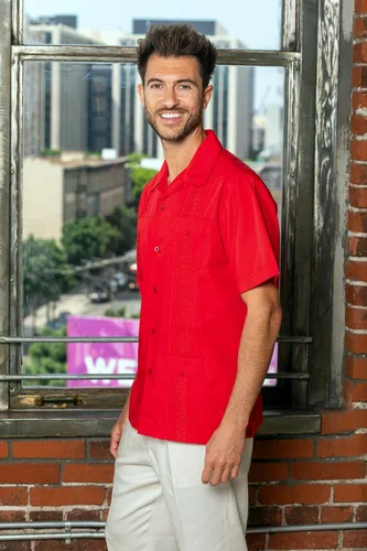 Vista 4 de Camisa de guayabera para hombre, cuatro bolsillos, manga corta, clásica, para vacaciones, boda, bordado, Pintuck, camisa relajada