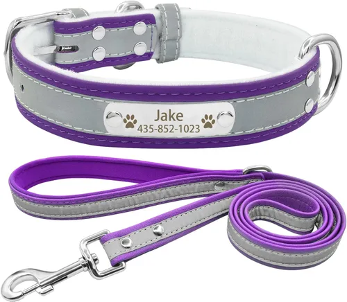 Vista 19 de Collar de perro de cuero reflectante personalizado con forro cálido, collar de perro personalizado con placa de nombre grabada para perros y gatos
