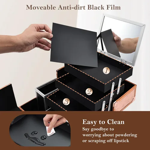 Vista 8 de FRENESSA Estuche de Maquillaje de 11.8 Pulgadas Estuche Organizador de Maquillaje Caja Grande de Cosméticos con Espejo Portátil 3 Bandejas Caja