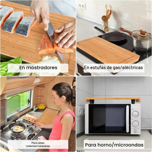 Vista 4 de Cubierta de bambú para estufa y tabla de cortar de encimera con patas ajustables, tabla de cortar de doble propósito para quemador de estufa