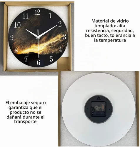 Vista 7 de Reloj de pared moderno negro y dorado con pilas, reloj de pared silencioso de 12 pulgadas, reloj de pared de vidrio sin tictac para sala de estar