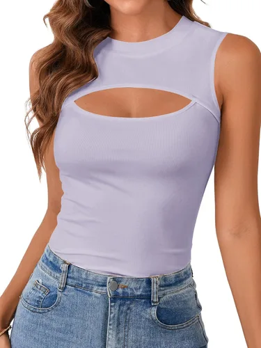 Vista 22 de Vrtige Camiseta sin mangas sexy con cuello redondo para mujer, de punto acanalado, sin mangas, ajustada