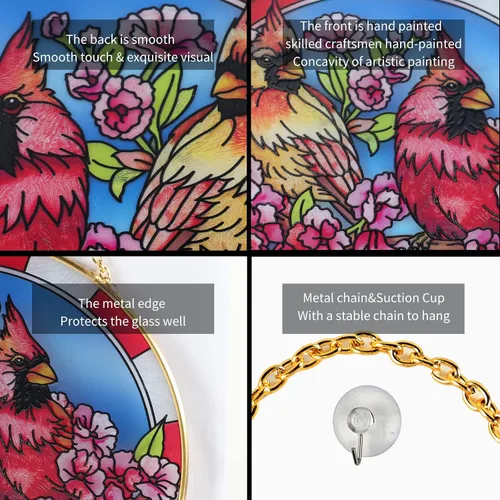 Vista 5 de Atrapasoles cardenal para colgar ventanas de vitrales para mujeres, mamá, pájaros rojos, atrapasoles, adorno colorido, regalo para amantes