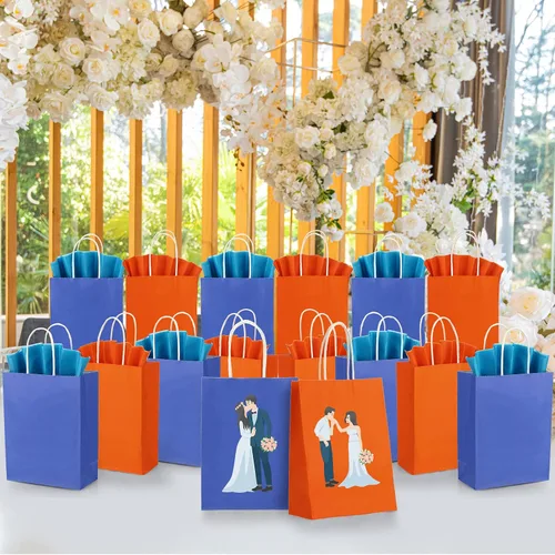 Vista 5 de Fumete Paquete de 24 bolsas de regalo de papel kraft con papel de pañuelo, coloridas bolsas de recuerdo de fiesta con asas para fiesta de guerra