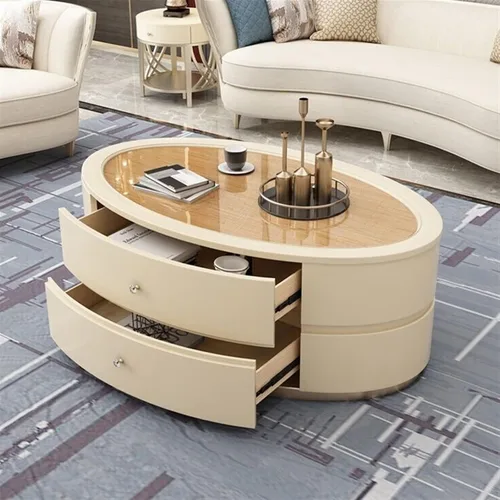 Vista 4 de Mesa de té para sala de estar, mesa de centro moderna con mesa única y base estable, mesa de sofá ovalada con 2 cajones grandes para sala de estar