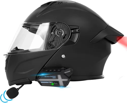 Vista 7 de Cascos modulares Bluetooth para motocicleta con luces traseras, certificado por DOT, doble visera, cascos de cara completa para hombres y mujeres