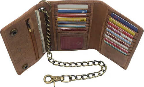 Vista 7 de CAZORO Cartera de cadena de motocicleta de Estados Unidos para hombre, 100% piel auténtica natural, bloqueo RFID triple largo, organizador de dinero