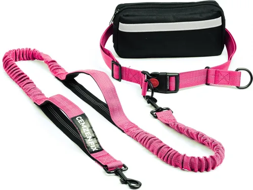 Vista 20 de Correa de perro manos libres con cinturón – Bungee sin tirones, asas acolchadas dobles y bolsa con cremallera para correr, caminar y entrenar