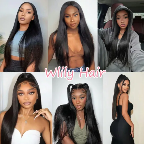 Vista 6 de Manojos lisos de cabello humano, 4 manojos de cabello humano liso de 18, 20, 22, 24 pulgadas, 100% sin procesar, extensiones de cabello virgen Negro